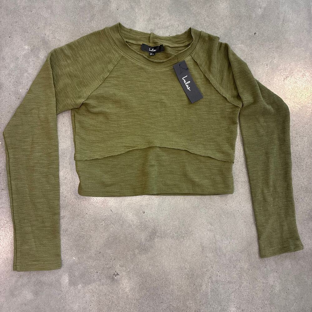 Lulus Easy Energy Olive Green knit Raglan Long Sleeve crop top small NEW